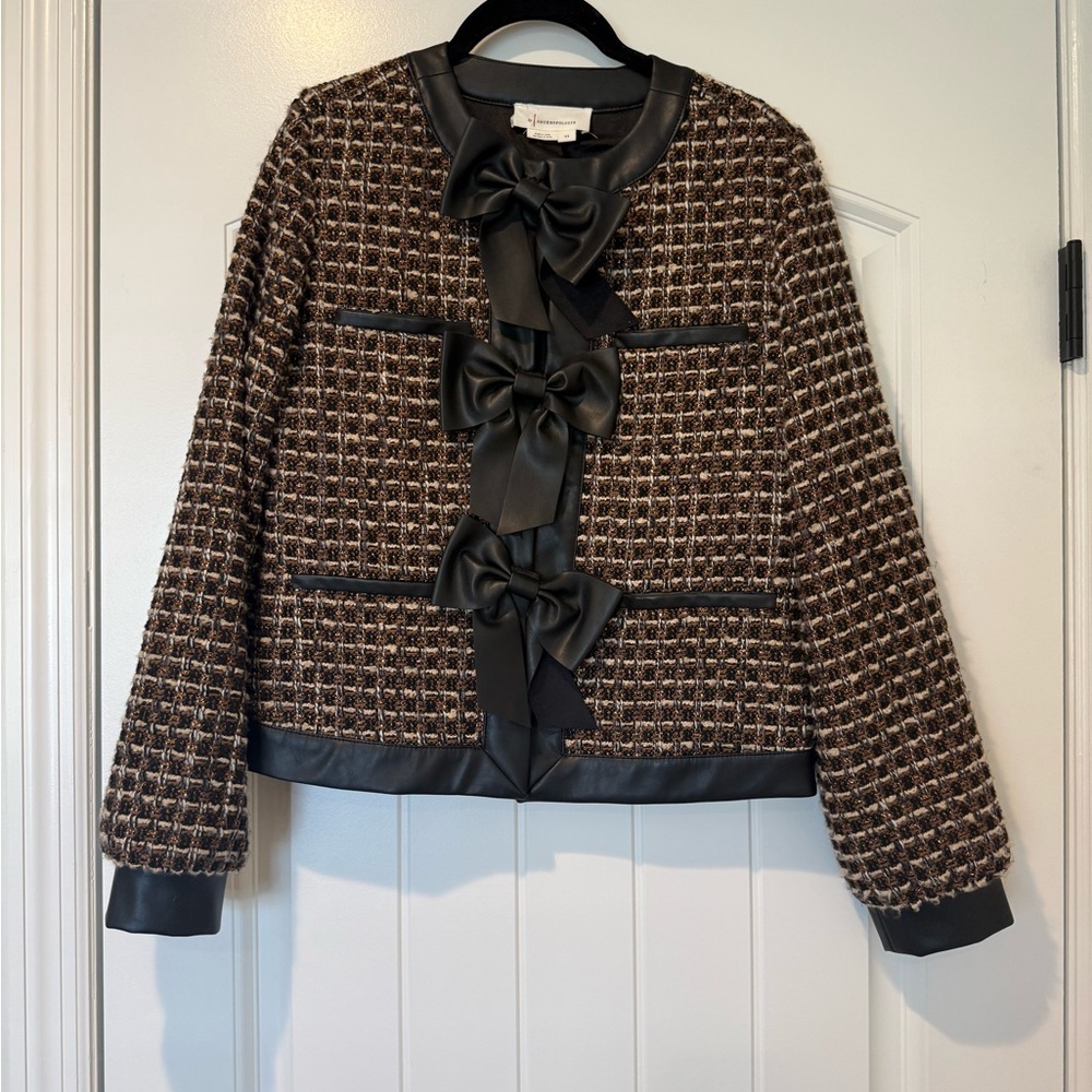 Anthropologie Brown Tweed Blazer/Jacket with Black Bows. Faux leather trim.